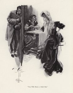 Ung kvinne får fremtiden fortalt av en sigøyner (litho) av Harrison Fisher