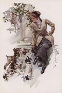 Ung kvinne i sin ridevane sitter med hundene sine (farge litho) av Harrison Fisher