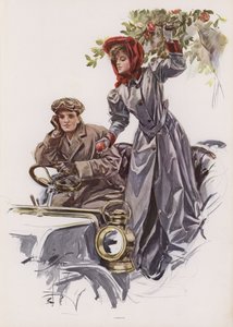 Ung kvinne plukker epler fra innsiden av en bil (farge litho) av Harrison Fisher
