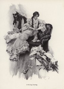 Ung kvinne mottar en bukett blomster og et brev fra en beundrer (litho) av Harrison Fisher