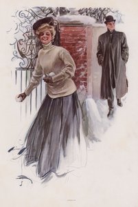 Ung kvinne som venter på å kaste snøballer på en mann (farge litho) av Harrison Fisher