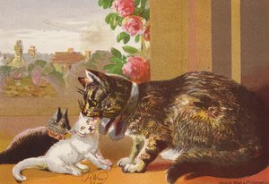 Pus og kattungene hennes (fargelitografi)