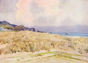Golfbaner: Aberdovey, landsbyen fra andre tee (fargelitografi)
