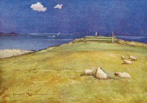Golfbaner: Gullane, den sjette greenen og syvende tee (fargelitografi)