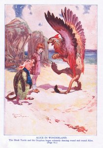 Den falske skilpadden og Gryphon begynte høytidelig å vende seg rundt og rundt Alice (farge litho)