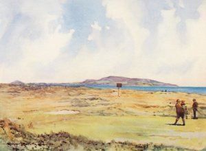 Golfbaner: Dollymount, første utslagssted, med utsikt mot Howth (fargelitografi)