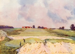 Golfbaner: Sandy Lodge, den første greenen, med utsikt mot klubbhuset (fargelitografi)