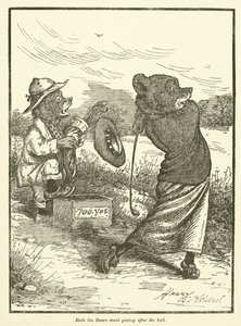 Bjørner som spiller golf (farge litho)