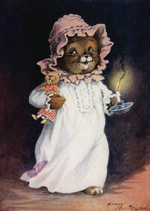 Katt i nattkjole, bærer et lys og teddykatt, legger seg