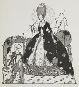 En dame ser ned på en bonde og tigger om penger. av Harry Clarke