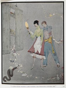 "En lang blodpudding kom slingrende og vriddende mot henne." En illustrasjon til historien, 'de latterlige ønsker'. Harry, en vedhogger, og hans kone, Fanny, har nettopp ønsket et feiltak. av Harry Clarke