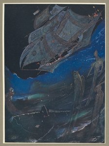En illustrasjon som viser et skip på sjøen, og fisk under det. av Harry Clarke