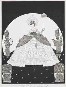 "En annen kjole i månens farge". En illustrasjon for historien, 'eselskinn'. En vakker prinsesse som holder en parasoll, to tjenere står på hver side av henne. av Harry Clarke