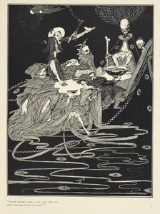 Avast der litt, sier jeg, og fortell oss hvem djevelen dere alle er!'. Fra historien King Pest. av Harry Clarke
