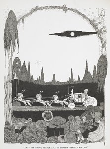 "Bort hun kjørte, knapt i stand til å holde seg selv av glede." Illustrasjon til historien Askepott eller den lille glasstøffelen'. av Harry Clarke