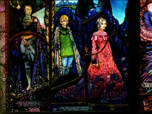 Detalj fra Geneva-vinduet som viser The Dreamers av Lennox Robinson (1886-1958) og grevinne Cathleen av W.B. Yeats (1865–1939)