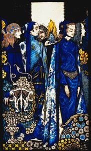 Etain, Helen, Maeve og Fand, Golden Deirdres ømme hånd. "Queens", ni glasspaneler surret, beiset og malt, Illustrerer J.M. Synges dikt, 1917 av Harry Clarke