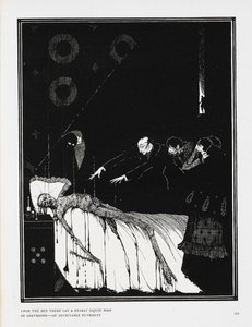 Fra sengen lå det en nesten flytende masse av avskyelig - av avskyelig råttenhet'. En illustrasjon til historien, 'fakta i saken om M. Valdemar'. av Harry Clarke