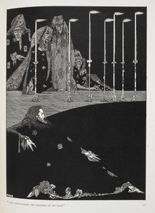 "Jeg så dem lage stavelsene i navnet mitt". Illustrasjon til historien, "gropen og pendelen". av Harry Clarke