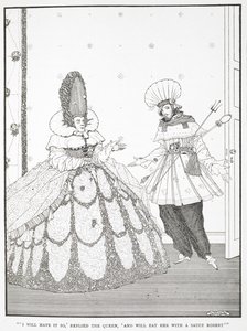 "Jeg vil ha det slik," svarte dronningen, "og vil spise henne med en saus Robert." Illustrasjon til historien, 'den sovende skjønnheten i skogen'. av Harry Clarke
