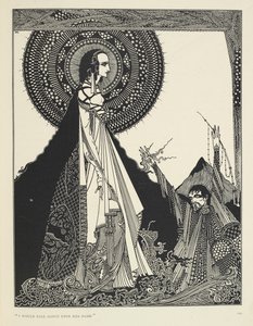 "Jeg ville ropt høyt på navnet hennes." Illustrasjon av Ligeia, en novelle. «Ligeia» er en novelle av Edgar Allan Poe. Historien følger en ikke navngitt forteller og hans kone Ligeia, en vakker og intelligent ravnhåret kvinne. Hun blir syk, kompo av Harry Clarke