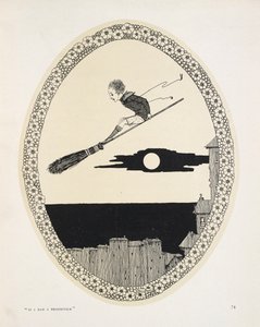 "Hvis jeg hadde et kosteskaft". Illustrasjon til et dikt Av Patrick R. Chalmers. En gutt på et kosteskaft av Harry Clarke