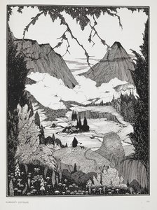 Illustrasjon til historien 'Landors hytte'.. Et fjellandskap. av Harry Clarke