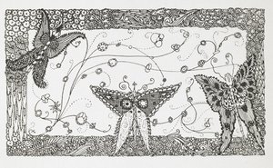 Illustrasjon for historien, 'The Master Cat or Puss in Boots'. Et sommerfugldesign. av Harry Clarke