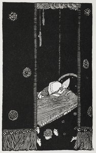 Illustrasjon til historien, 'den sovende skjønnheten i skogen'. Tornerose på sengen hennes. av Harry Clarke