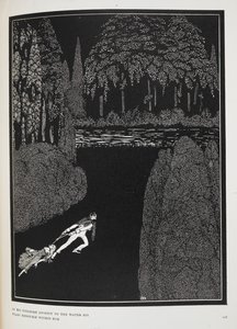 På hans slitsomme reise til vannet fordobles frykten hans. Illustrasjon til historien, 'Mysteriet om Marie Roget'. av Harry Clarke