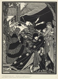 "Uforståelige menn! Innhyllet i meditasjoner av et slag som jeg ikke kan gi guddommelig, går de forbi meg ubemerket." Illustrasjon til historien 'Ms. i en flaske'. av Harry Clarke