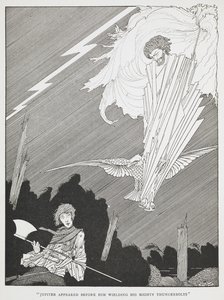 "Jupiter dukket opp foran ham med sine mektige tordenbolter." Illustrasjon for "de latterlige ønsker." av Harry Clarke