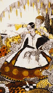 Syv hundedager slapp vi forbi, og navngav Queens i Glenmacnass." "Queens", ni glasspaneler surret, beiset og malt, Illustrerer J.M. Synges dikt, 1917 av Harry Clarke
