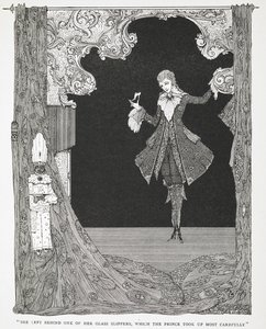 "Hun etterlot seg en av glasstøflene sine, som prinsen tok mest forsiktig opp." Illustrasjon til historien, Askepott eller Den lille glasstøffelen. av Harry Clarke