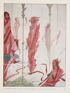 Den døende patrioten. "Og de døde kledd i rødt og sjøliljer svaier over hodet når de lange vindene blåser" av Harry Clarke