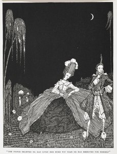 "Prinsen trodde han hadde gitt henne mer vidd enn han hadde reservert for seg selv." Illustrasjon til historien, 'Riquet with the tuft'. av Harry Clarke