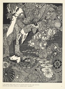 "Jorden ble mørk, og dens skikkelser gikk forbi meg, som blafrende skygger ... Morella." Illustrasjon til historien 'Morella'. av Harry Clarke