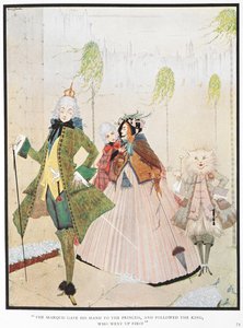 "Markisen ga sin hånd til fyrstene og fulgte kongen, som gikk opp først." Illustrasjon til historien, 'mesterkatten eller puss i støvler'. av Harry Clarke