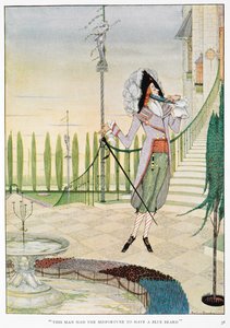 "Denne mannen var så uheldig å ha blåskjegg." Blåskjegg stryker seg over skjegget. av Harry Clarke