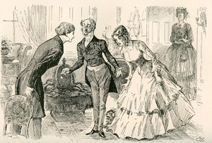 David møter Dora og Miss Murdstone. "Mr. Copperfield, min datter Dora, og min datter Doras fortrolige venn, Miss Murdstone!". Illustrasjon av Harry Furniss for Charles Dickens-romanen David Copperfield, fra The Testimonial Edition, utgitt 19. av Harry Furniss