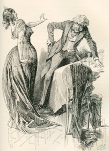 Edith og Mr. Carker. "Han kom muntert mot henne, da hun på et øyeblikk tok kniven opp fra bordet og begynte et skritt tilbake. "Stå stille," sa hun, "eller jeg skal myrde deg!" Illustrasjon av Harry Furniss for Charles Dickens-romanen av Harry Furniss