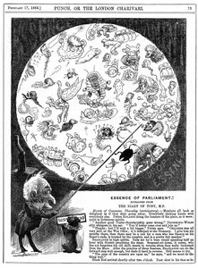 Essence of Parliament: Tegneserie som markerer åpningen av parlamentets første sesjon for 1883 (tregravering) av Harry Furniss