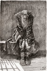 Fagin i den fordømte cellen. "Han satte seg ned på en steinbenk overfor døren, som tjente som et sete og seng, og kastet sine blodskutte øyne på bakken og prøvde å samle tankene sine." Illustrasjon av Harry Furniss for Charles Dickens-romanen av Harry Furniss