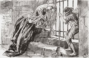 Lady Dedlock og Jo. «Han ble satt der,» sier Jo, holder seg til barene og ser inn, mens Lady Dedlock krymper inn i et hjørne. Illustrasjon av Harry Furniss for Charles Dickens-romanen Bleak House, fra The Testimonial Edition, utgitt 1910. av Harry Furniss