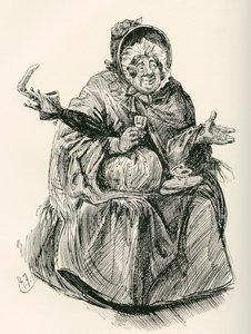 Fru Gamp. Illustrasjon av Harry Furniss for Charles Dickens-romanen Martin Chuzzlewit, fra The Testimonial Edition, utgitt 1910. av Harry Furniss