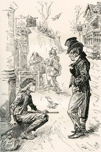 Oliver faller inn med The Artful Dodger. "Hei, min kjæreste, hva er raden?" sa denne merkelige unge mannen til Oliver. "Jeg er veldig sulten og trøtt," svarte Oliver; tårene sto i øynene hans mens han snakket. "Jeg har gått en lang vei. Jeg har gått av Harry Furniss