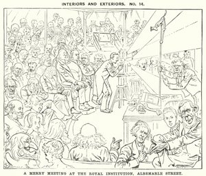 Punch tegneserie: A Merry Meeting at the Royal Institution, Albemarle Street, London (gravering) av Harry Furniss