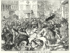 Punch tegneserie: A Quiet Sunday in London; eller, hviledagen (gravering) av Harry Furniss