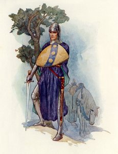 En ridder som sperrer veien (fargelitografi) av Harry George Theaker