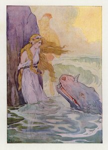Andromeda og monsteret (fargelitografi) av Harry George Theaker